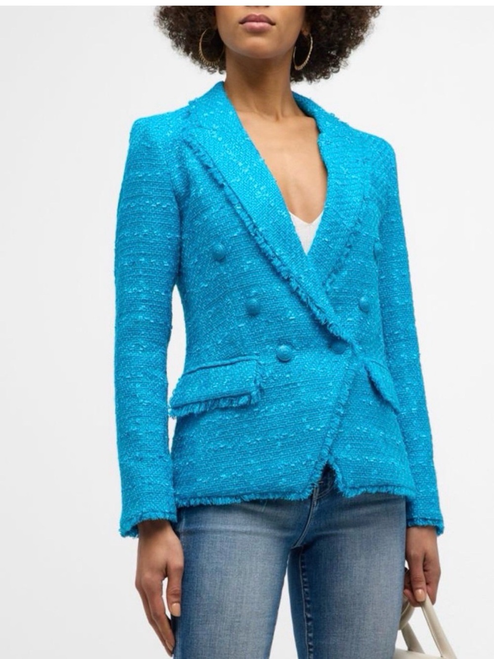 L'AGENCE Kenzie Teal Bouclé Double-Breasted Blazer